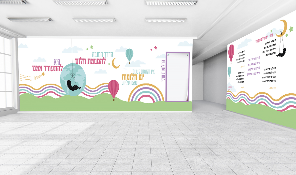 קיר כניסה / מעבר מרהיב בעיצוב חדשני מרגיע ומיוחד הכולל עיצוב מיוחד עם משפטי העצמה על הגשמת חלום + מקום להדבקת חלומות התלמידים,. עם אפשרות לקיר נוסף באותו קו עיצוב עם שיר "החלום הקטן" מעורר את החשק והרצון של התלמידים ללמוד להאמין ולהתחזק