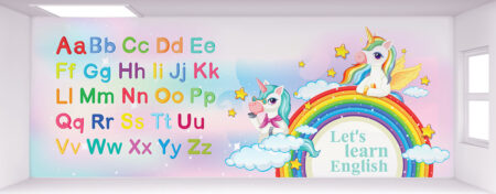 קיר מעבר לימודי צבעוני מרגיע ומרהיב המדבר על לימוד אותיות הABC מעורר את החשק והרצון של התלמידים ללמוד להאמין  ולהתחזק